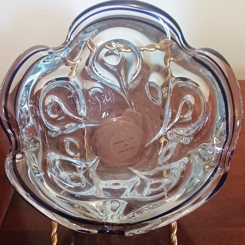 Vtg Lillian Vernon Cobal Ribbon Clear Art Glass Dish